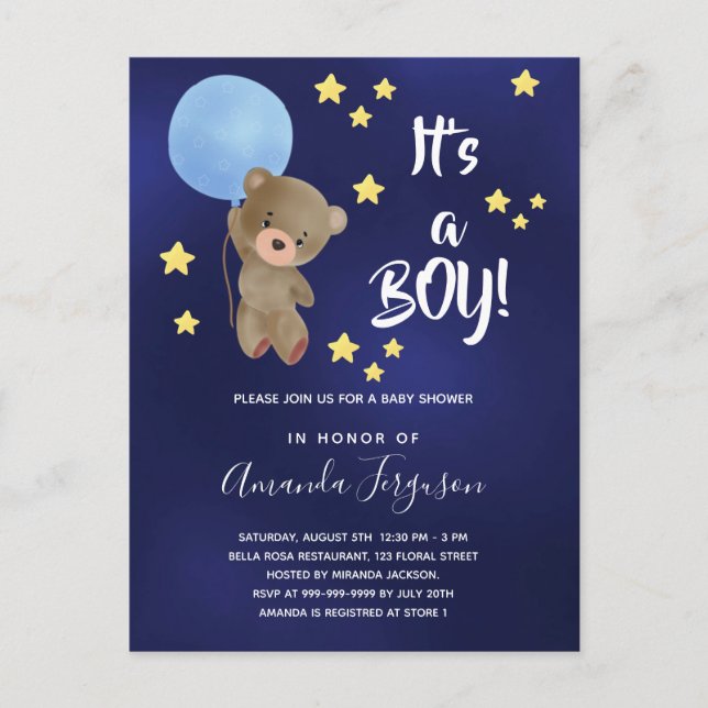 Invitation Carte Postale Baby shower ours en peluche garçon étoile bleue (Devant)