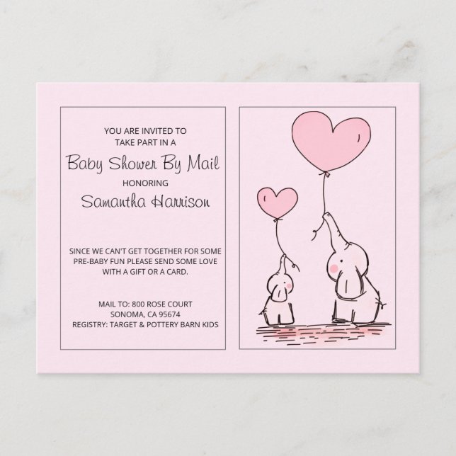 Invitation Carte Postale Baby shower Par Mail Elephants Pink Baby Girl (Devant)