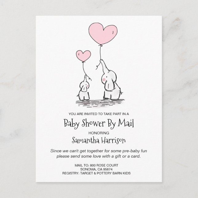 Invitation Carte Postale Baby shower Par Mail Maman & Baby Elephants (Devant)