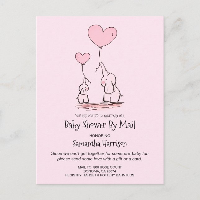 Invitation Carte Postale Baby shower Par Mail Maman Et Baby Elephant Rose (Devant)