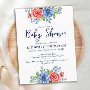 Invitation Carte Postale Baby shower Patriotique Floral Rouge Bleu