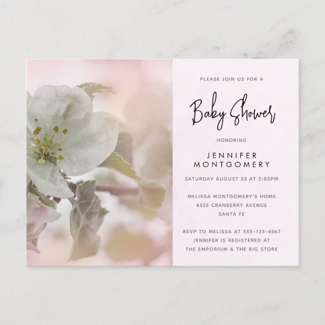 Invitation Carte Postale Baby shower photo White Apple Blossom (Devant)