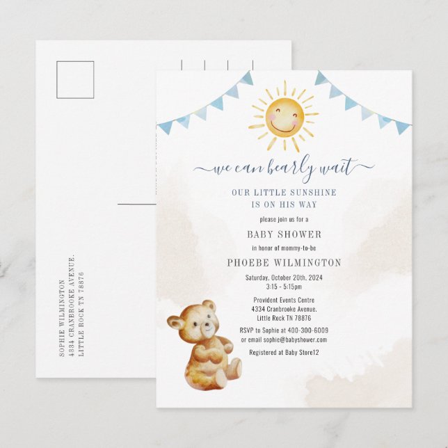 Invitation Carte Postale Baby shower pour garçons d'ours et de soleil (Devant / Derrière)