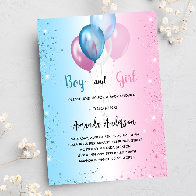 Invitation Carte Postale Baby shower rose bleu fille garçon jumeaux (Créateur téléchargé)