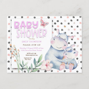Invitation Carte Postale Baby shower rose des Pois des hippopotames