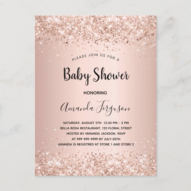 Invitation Carte Postale Baby shower rose or parties scintillant métal fill (Devant)