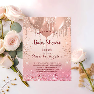 Invitation Carte Postale Baby shower rose rose rose or parties scintillant 