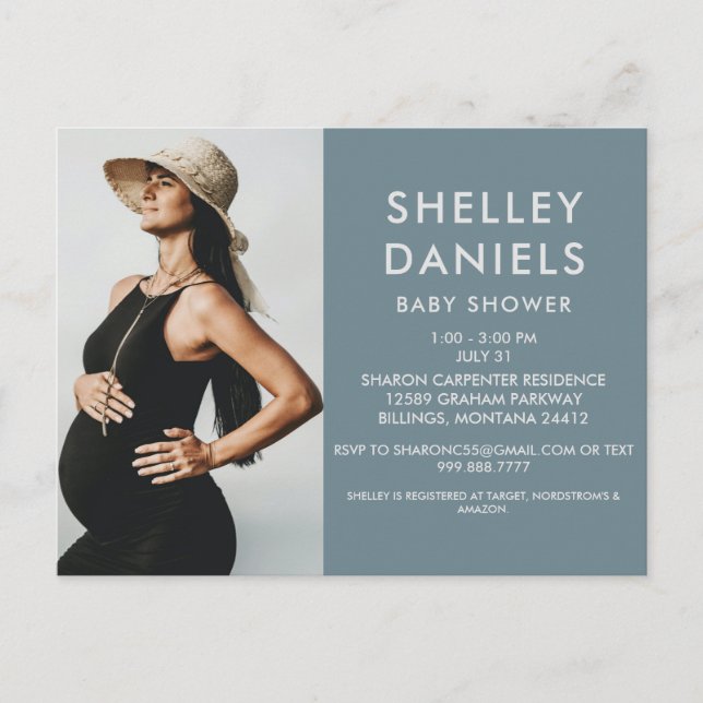 Invitation Carte Postale Baby shower simple B/W photo bleu (Devant)