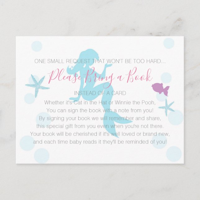 Invitation Carte Postale Baby shower Sirène Apporter un livre Turquoise ros (Devant)
