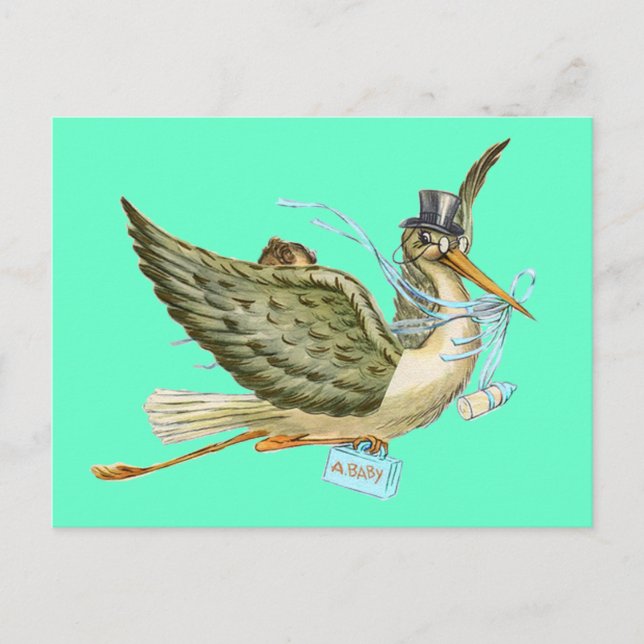 Invitation Carte Postale BABY SHOWER STORK, turquase (Devant)