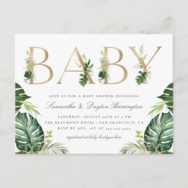 Invitation Carte Postale Baby shower Tropical Green Gold Typography (Devant)