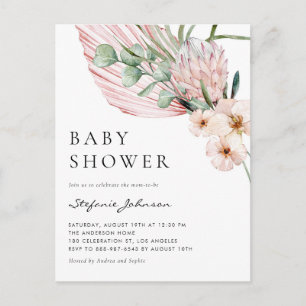 Invitation Carte Postale Baby shower tropical Protea à l'aquarelle rose