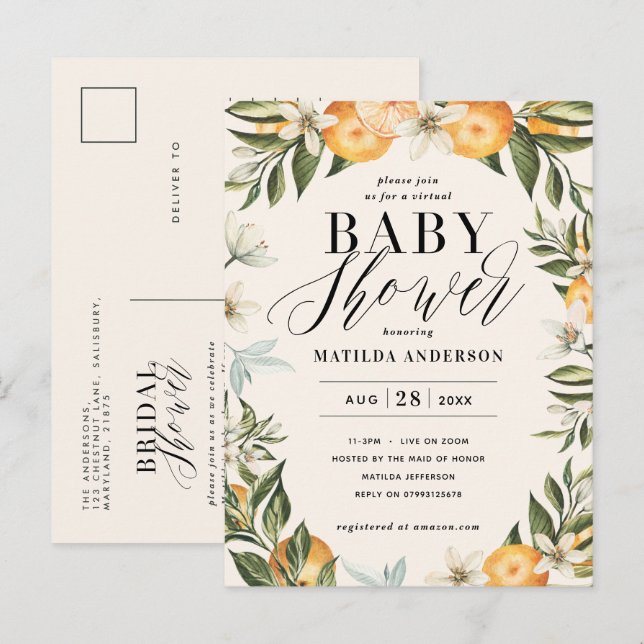 Invitation Carte Postale Baby shower virtuel en fleurs d'agrumes po (Devant / Derrière)