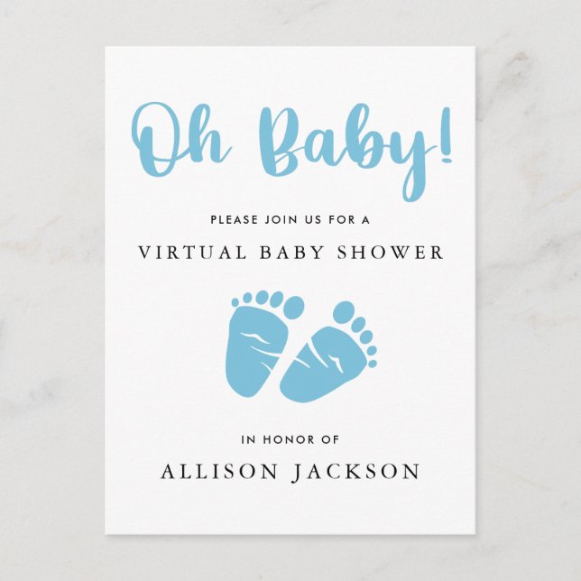 Invitation Carte Postale Baby shower virtuel Oh Bébé Bleu Bébé Pieds Bébé G (Devant)