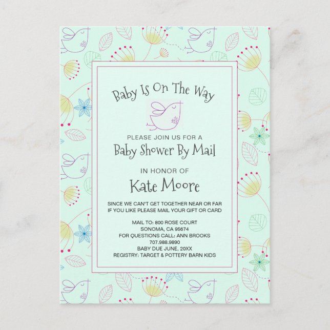 Invitation Carte Postale Baby shower Whimsical Par Mail Baby Bird Floral (Devant)
