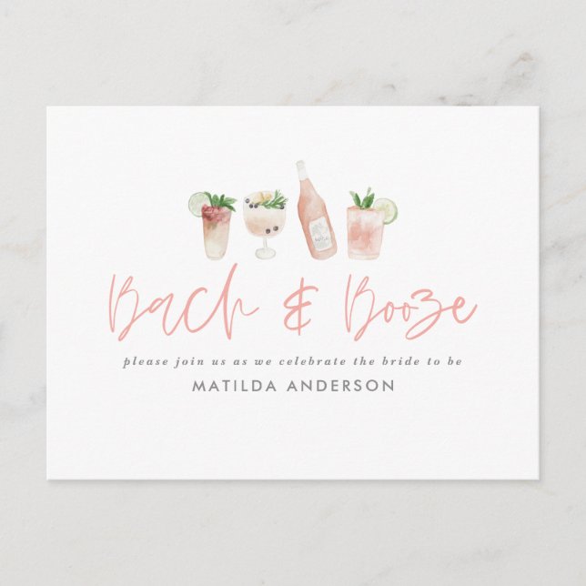 Invitation Carte Postale bachelorette rose bach & alcool week-end chic (Devant)