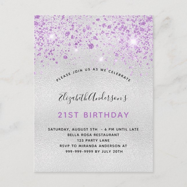 Invitation Carte Postale Baisse de parties scintillant violet argenté (Devant)