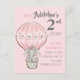 Invitation Carte Postale Ballon à Air Chaud Anniversaire Princesse Rose Elé