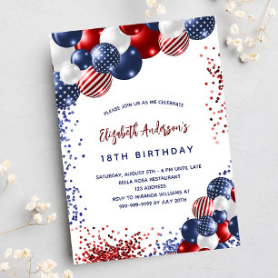 Invitation Carte Postale Ballons d'anniversaire Patriotique rouge bleu blan