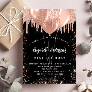 Invitation Carte Postale Ballons de parties scintillant d'or noir rose