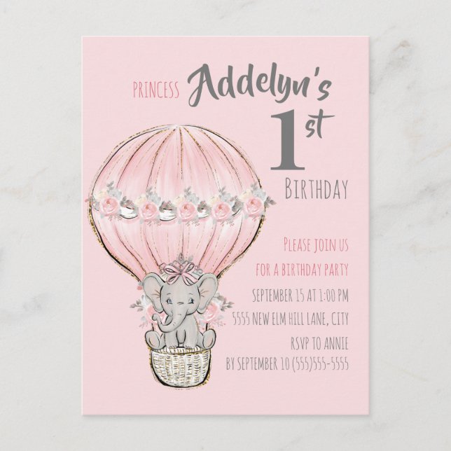 Invitation Carte Postale Balloon à air chaud rose Princesse Elephant (Devant)