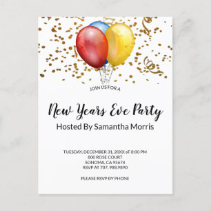 Invitation Carte Postale Balloons Confetti Fête du Nouvel An