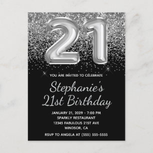 Invitation Carte Postale Balloons Noir Pailleté Argent Étincelant pour 21e