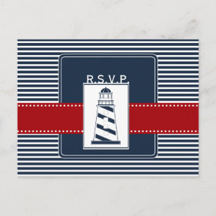 Invitation Carte Postale bandes de marine, phare, mariage nautique rsvp