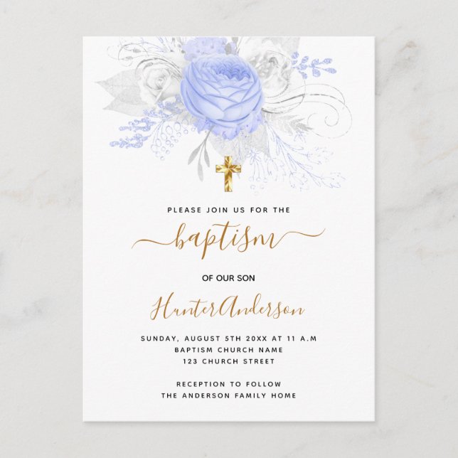 Invitation Carte Postale Baptême bleu clair floraux garçon élégant blanc (Devant)