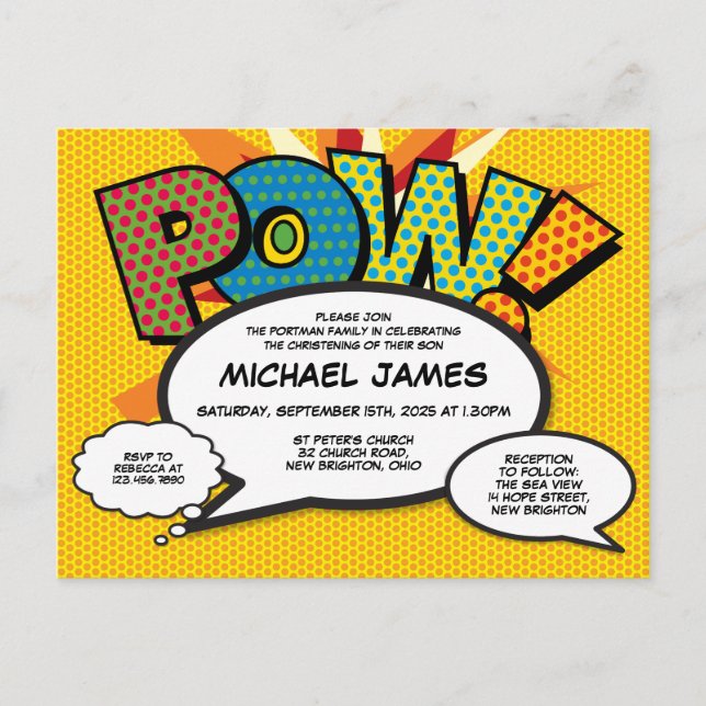 Invitation Carte Postale Baptême Christening Modern Photo Comic Book (Devant)