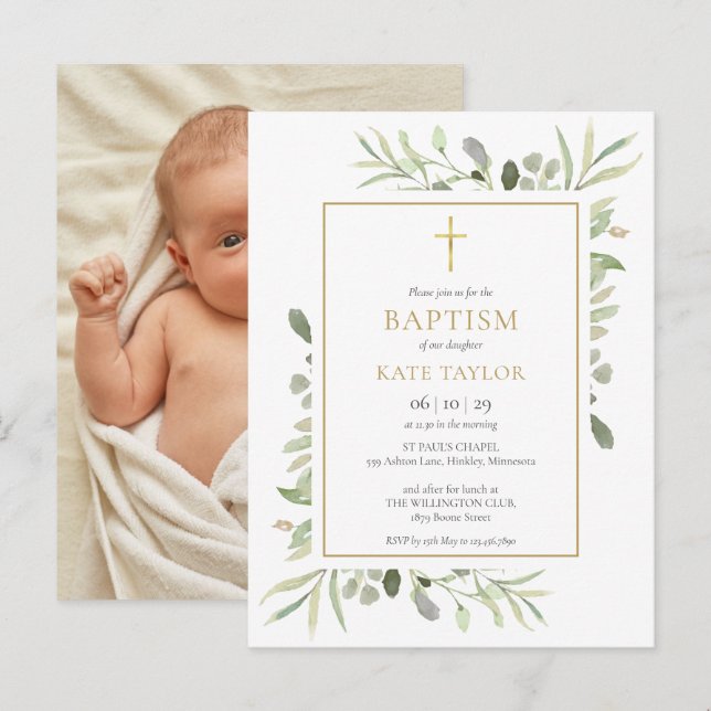 Invitation Carte Postale Baptême de verdure Baptême Baptême Photo (Devant / Derrière)