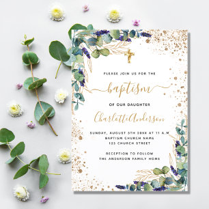 Invitation Carte Postale Baptême eucalyptus verdure or croix script