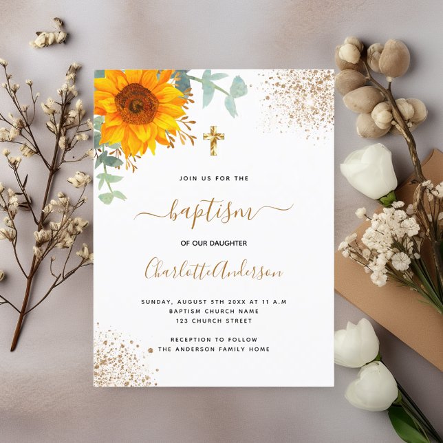 Invitation Carte Postale Baptême eucalyptus vert croix d'or tournesol (Créateur téléchargé)