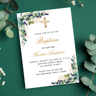 Invitation Carte Postale Baptême eucalyptus vert garçon bleu