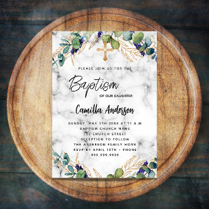Invitation Carte Postale Baptême eucalyptus vert marbre doré