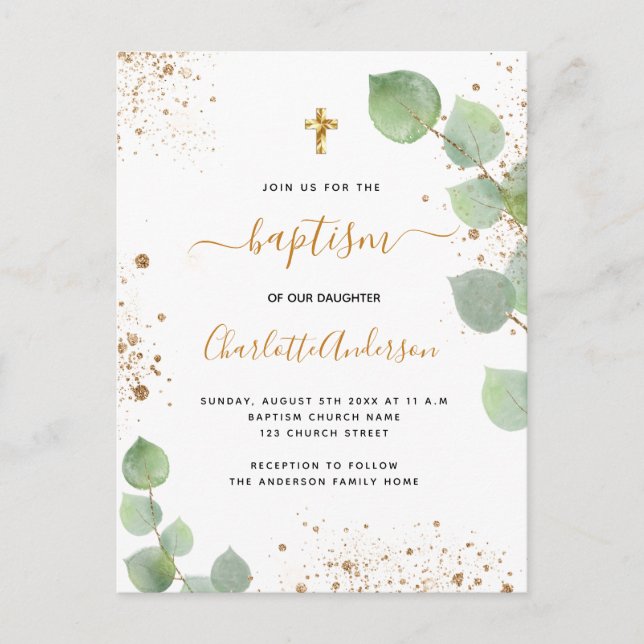 Invitation Carte Postale Baptême eucalyptus vert parties scintillant script (Devant)