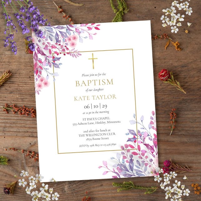 Invitation Carte Postale Baptême fleur sauvage Floral Gold (Wildflowers Floral Gold Baptism Christening Invitation Postcard)