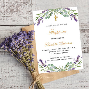 Invitation Carte Postale Baptême lavande violette florale eucalyptus verdur