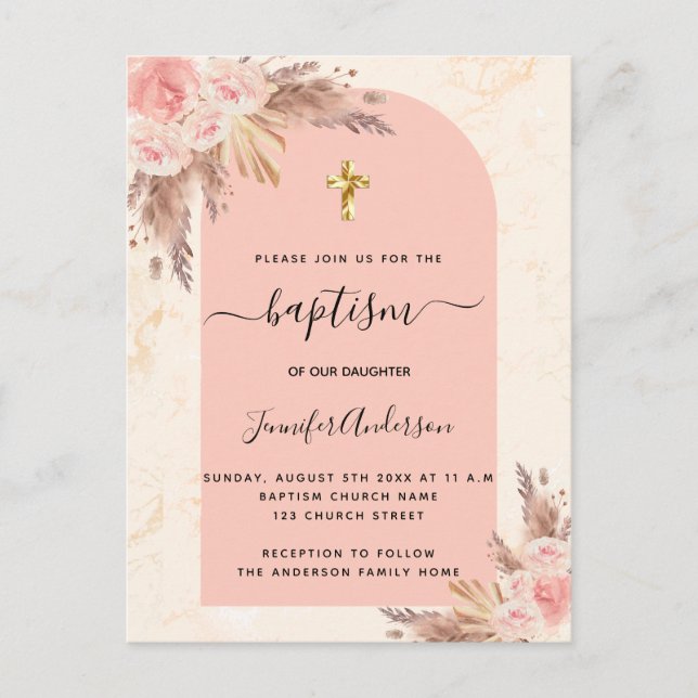Invitation Carte Postale Baptême pampas herbe rose or rousse marbre rose (Devant)