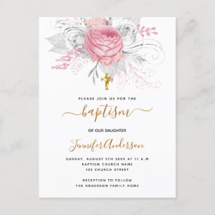 Invitation Carte Postale Baptême rose florales fille élégant blanc