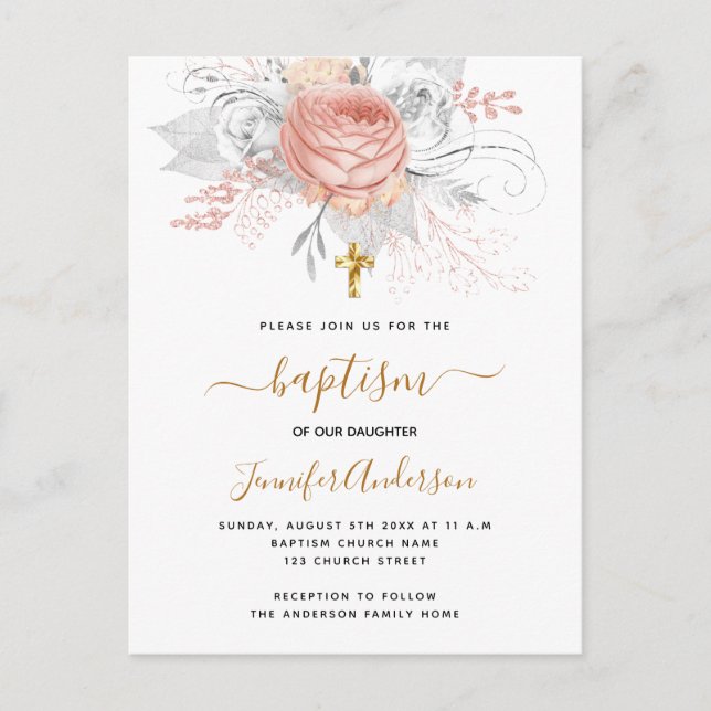 Invitation Carte Postale Baptême rose or florales fille blanc élégant (Devant)