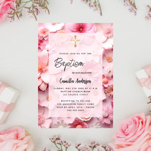 Invitation Carte Postale Baptême rose rousse fleurs bébé fille