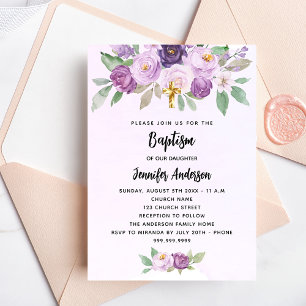 Invitation Carte Postale Baptême violet fleurs croix de verdure
