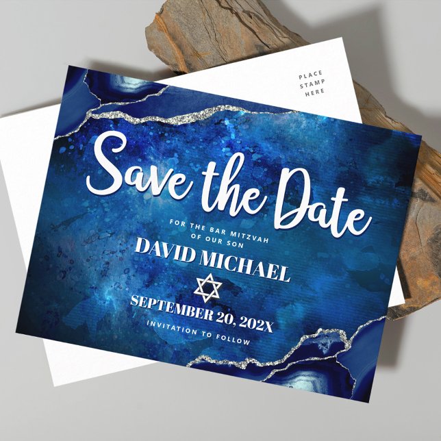 Invitation Carte Postale Bar Mitzvah Enregistrer la date Marine Aquarelle A (Créateur téléchargé)