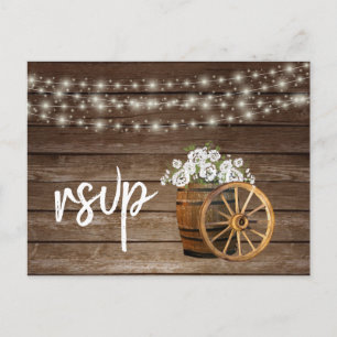 Invitation Carte Postale Baril en bois rustique avec fleurs blanches - RSVP
