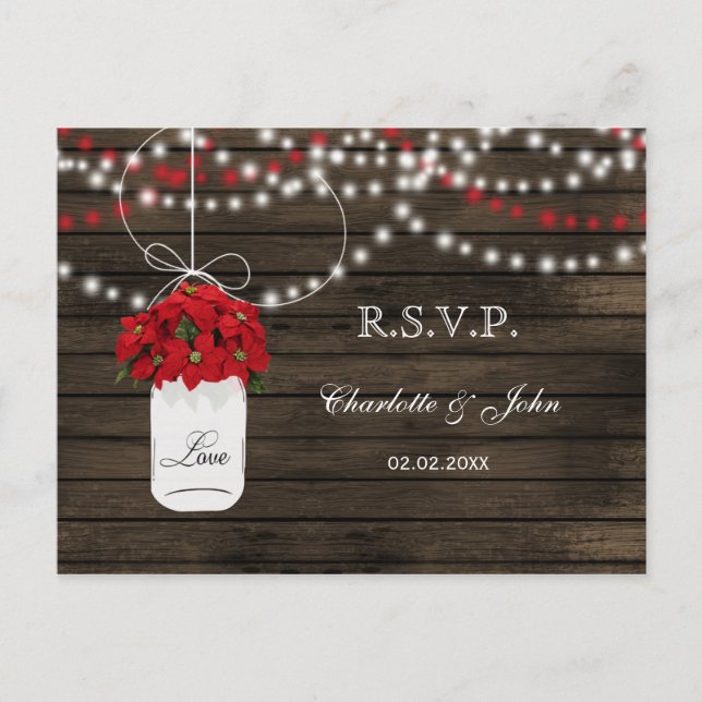 Invitation Carte Postale Barne bois poinsettia mason jarre de mariage rusti (Devant)