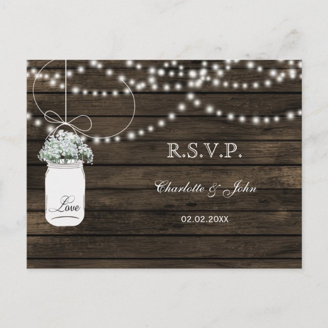 Invitation Carte Postale Barnwood bébé's breath mason jarres mariage RSVP (Devant)
