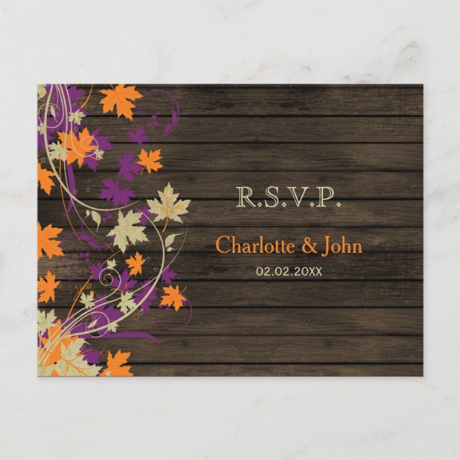 Invitation Carte Postale Barnwood Rustique prune chute laisse mariage RSVP (Devant)