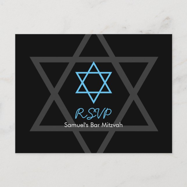 Invitation Carte Postale Barre noire et bleue Mitzvah RSVP (Devant)