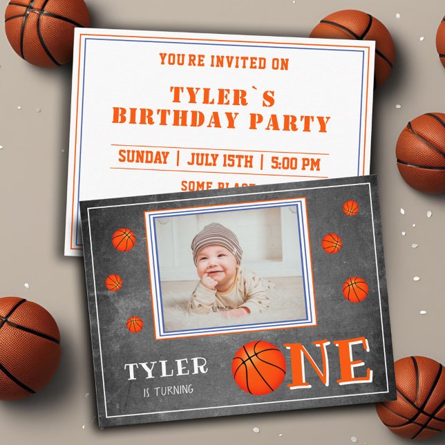 Invitation Carte Postale Basketball Ball Chalkboard 1er Anniversaire Photo (Créateur téléchargé)